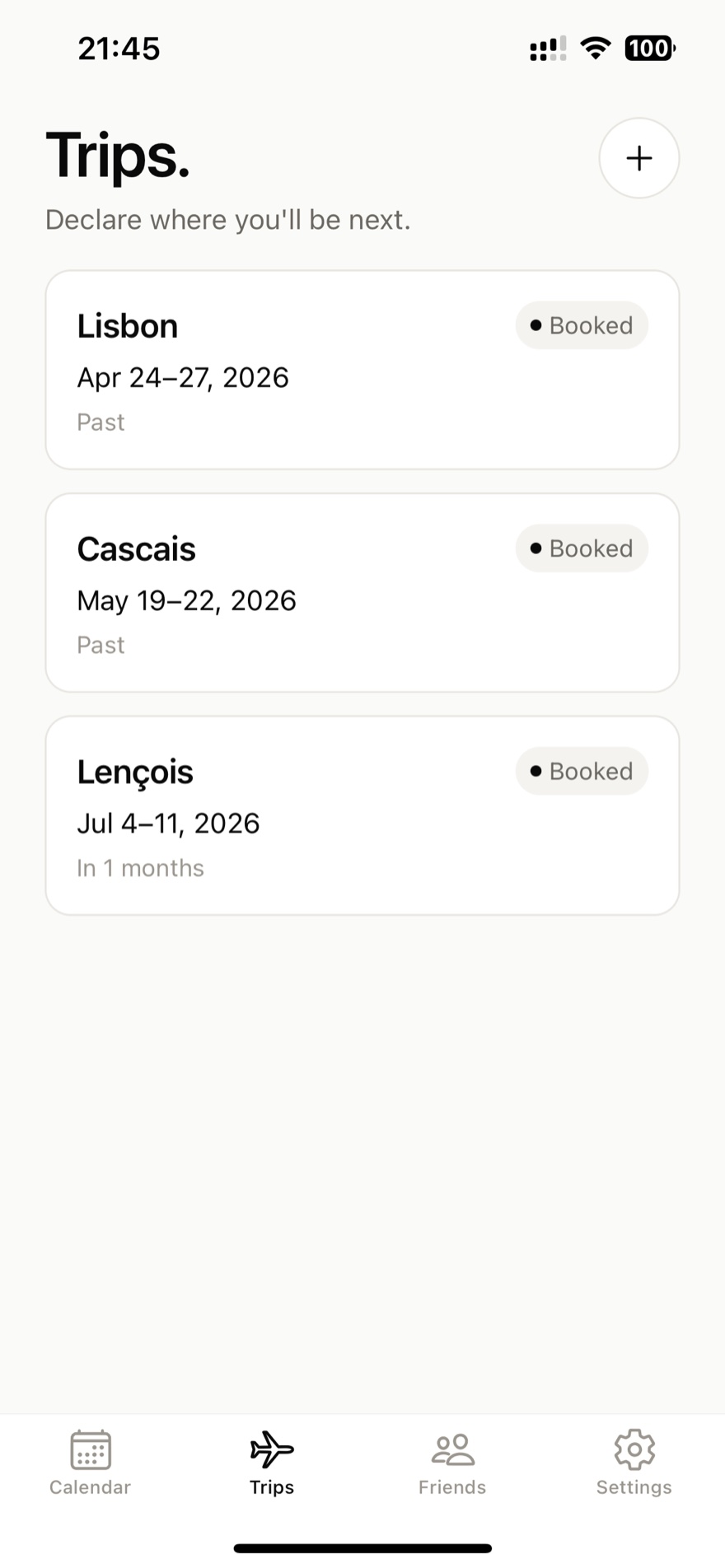 The Heretoo trips screen, showing upcoming cities and dates